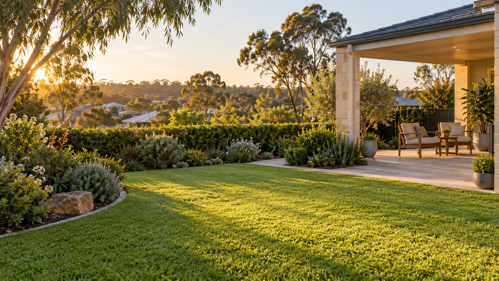 An illustrative Perth backyard with a neat lawn, low garden beds and a sunny patio.